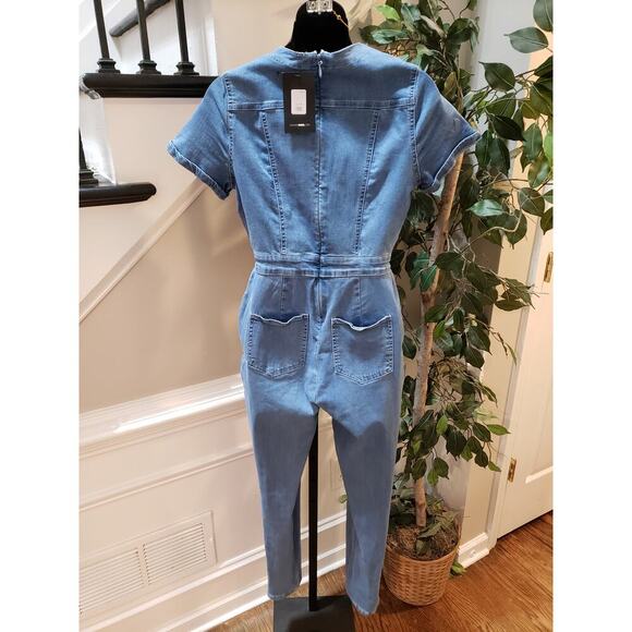 Fashion Nova Denim Jumpsuit Womens Medium Blue Plunging Neck Crisscross Front - Picture 3 of 16